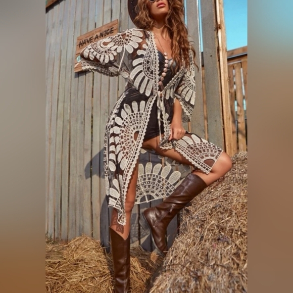 NEW Western Black White Sheer Floral Tribal Embroidered Summer Cover-Up (#1,310) - Picture 7 of 10